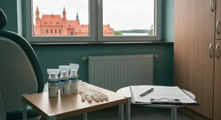 Pusty fotel dentystyczny w olsztynskim gabinecie, obok ampulki znieczulenia miejscowego, strzykawka i ankieta medyczna w