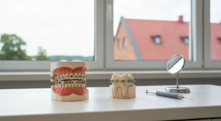 Model zebow z estetycznym aparatem ceramicznym obok modelu z aparatem metalowym w gabinecie ortodontycznym w Olsztynie