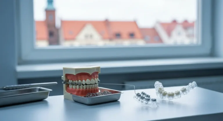 Model zebow z metalowym aparatem ortodontycznym, lukiem i ligaturami obok nakladki i zamkow ceramicznych w gabinecie w O