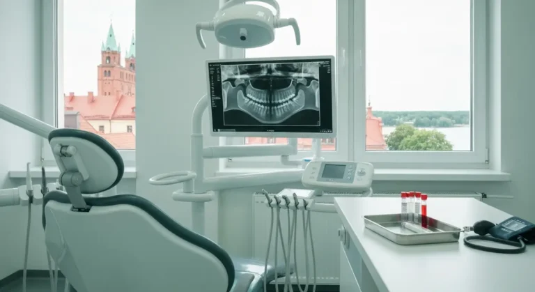 Pusty gabinet stomatologiczny w Olsztynie z aparatem RTG, monitorem ze zdjeciem zeba oraz probowkami do badan krwi