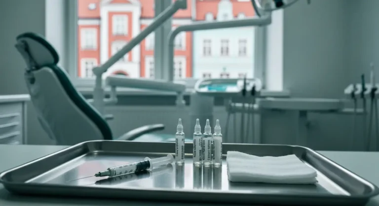 Taca ze strzykawka do znieczulenia i ampulkami w gabinecie stomatologicznym, w tle fotel dentystyczny i okno z kamienica