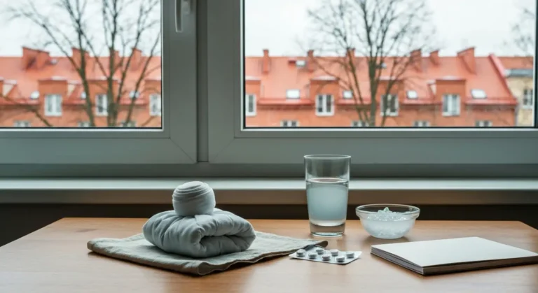 Zimny okład, szklanka wody i tabletki na stole przy oknie z widokiem na kamienice Olsztyna