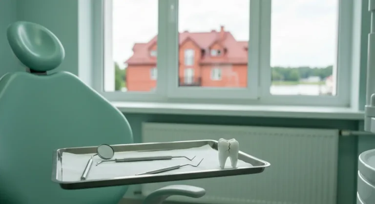 Gabinet stomatologiczny w Olsztynie - model zeba z pekniecietym guzkiem i narzedzia do badania zwarcia na sterylnej tacy
