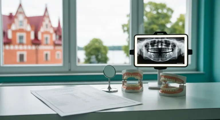 Recepcja gabinetu stomatologicznego w Olsztynie - pusty wydruk cennika, lusterko dentystyczne, model szczeki i podswietl