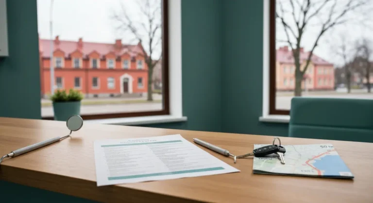 Wydruk cennika stomatologicznego na drewnianej ladzie recepcji gabinetu w Olsztynie obok lusterka dentystycznego, modelu