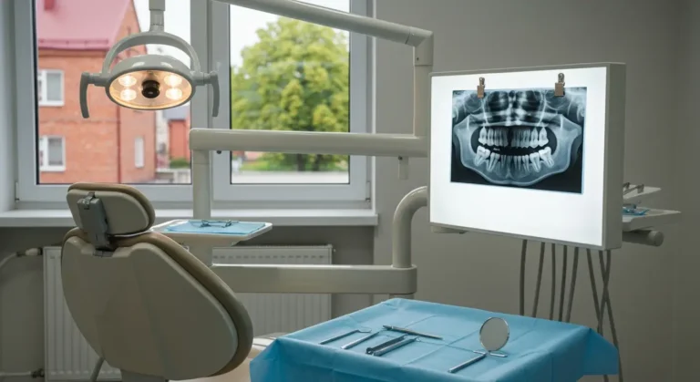 Puste stanowisko chirurgii stomatologicznej z fotelem, lampa i zdjeciem RTG szczeki, w tle warminska ceglana kamienica