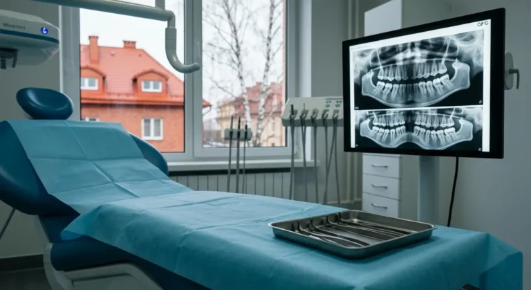 Puste stanowisko chirurgii stomatologicznej w Olsztynie z narzędziami do ekstrakcji i zdjęciem panoramicznym zębów na po