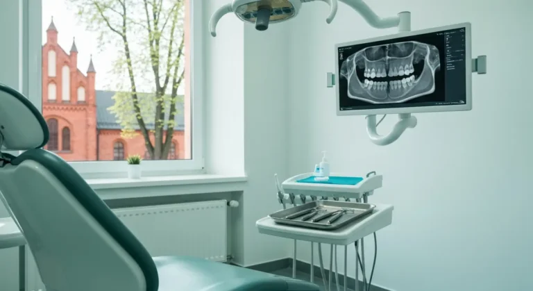 Gabinet chirurgii stomatologicznej z fotelem, narzedziami do ekstrakcji i monitorem ze skanem CBCT, za oknem ceglana arc