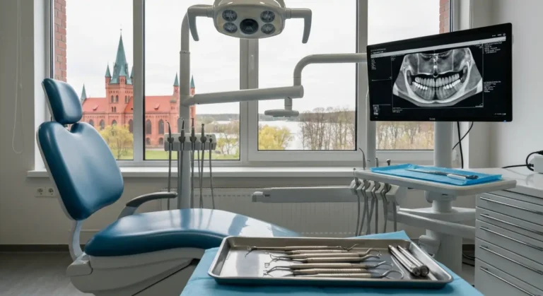 Gabinet chirurgii stomatologicznej w Olsztynie - fotel, narzedzia do ekstrakcji i monitor z obrazem tomografii CBCT