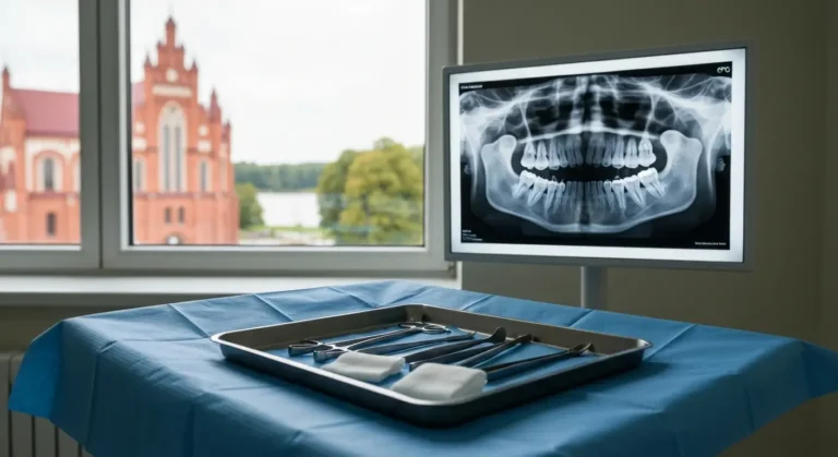 Gabinet chirurgii stomatologicznej w Olsztynie - taca z narzedziami do ekstrakcji i zdjecie panoramiczne zebow na negato