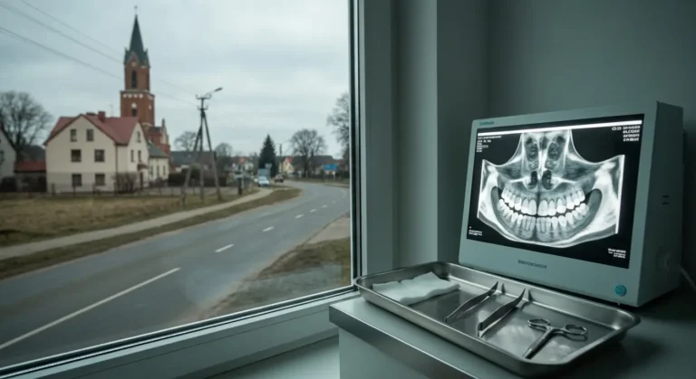 Droga z Dobrego Miasta do Olsztyna i gabinet chirurgii stomatologicznej z narzedziami oraz zdjeciem panoramicznym zebow