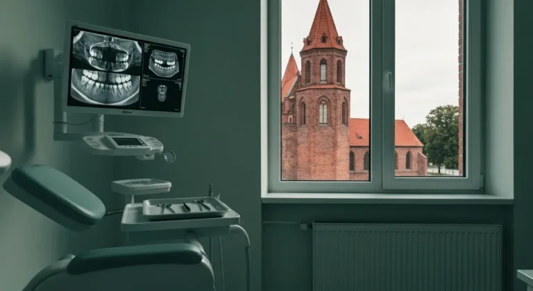 Gabinet chirurgii stomatologicznej ze zdjeciem pantomograficznym na monitorze i sterylnymi narzedziami, w oknie ceglana