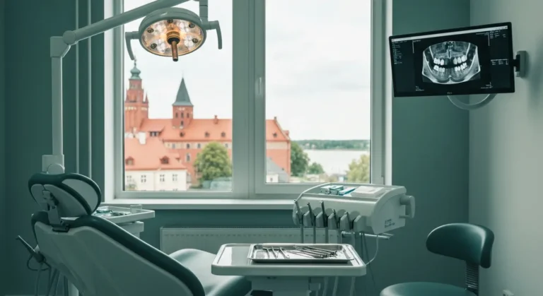 Pusty gabinet chirurgii stomatologicznej z fotelem, lampa i monitorem ze skanem CBCT, w oknie ceglana zabudowa Warmii