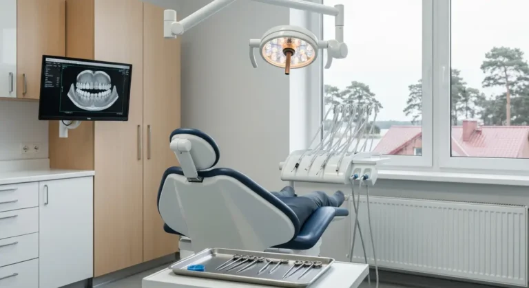 Pusty gabinet chirurgii stomatologicznej z fotelem, lampa zabiegowa i monitorem ze skanem 3D, za oknem krajobraz Warmii