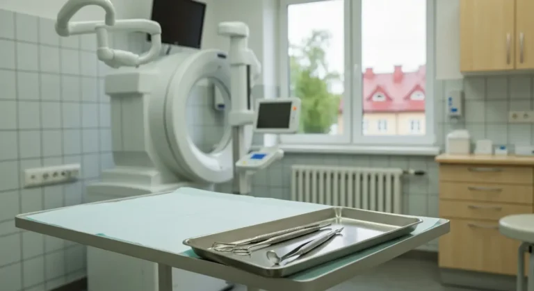 Pusty gabinet chirurgii stomatologicznej z tacka narzedzi i aparatem CBCT, za oknem mazurska zielen