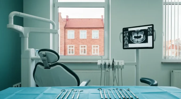 Pusty gabinet chirurgii stomatologicznej z tomografem CBCT i narzedziami do ekstrakcji, w oknie kamieniczki Olsztyna