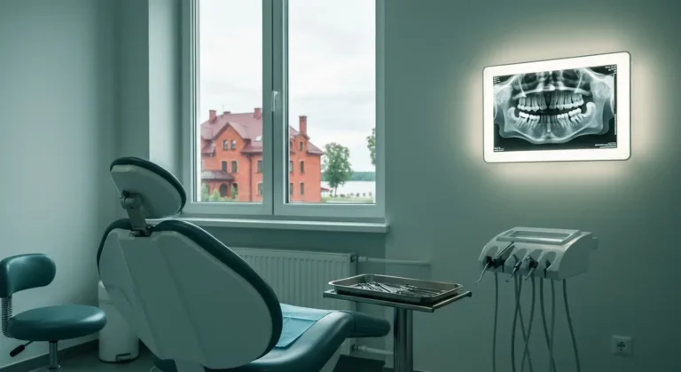 Pusty gabinet chirurgii stomatologicznej w Olsztynie z fotelem, narzedziami i podswietlonym zdjeciem pantomograficznym,