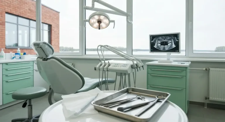 Pusty gabinet chirurgii stomatologicznej z fotelem, lampa zabiegowa, sterylnymi narzedziami i skanem CBCT na monitorze