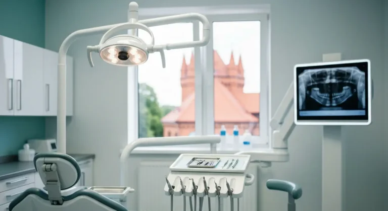 Pusty fotel w gabinecie chirurgii stomatologicznej z lampa zabiegowa, narzedziami do ekstrakcji i podswietlonym zdjeciem