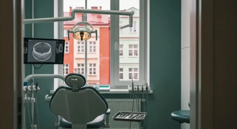 Pusty gabinet chirurgii stomatologicznej z fotelem i narzedziami, za oknem kamienice Olsztyna