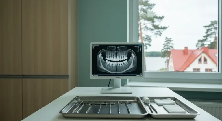 Sterylne narzedzia chirurgiczne i skan CBCT zeba zatrzymanego w gabinecie stomatologicznym pod Olsztynem