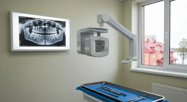 Gabinet chirurgii stomatologicznej w Olsztynie - zdjecie pantomograficzne na negatoskopie, ramie tomografu CBCT i steryl