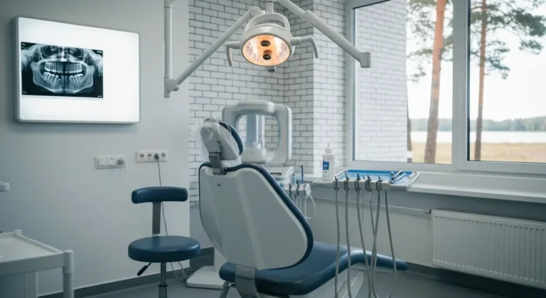Pusty gabinet chirurgii stomatologicznej z fotelem, lampa zabiegowa i zdjeciem panoramicznym zebow na negatoskopie