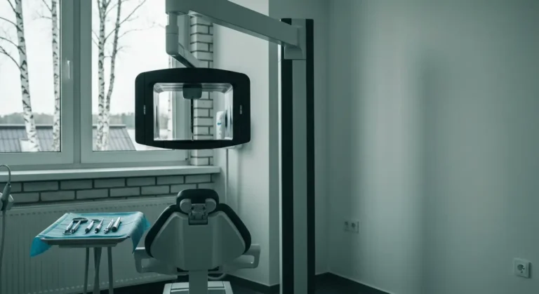 Gabinet chirurgii stomatologicznej w Olsztynie z aparatem CBCT i sterylnymi narzędziami do ekstrakcji, w tle okno z brzo