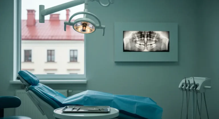 Pusty gabinet chirurgii stomatologicznej z fotelem, tacą narzędzi i podświetlonym zdjęciem RTG szczęki, w tle dachy kami