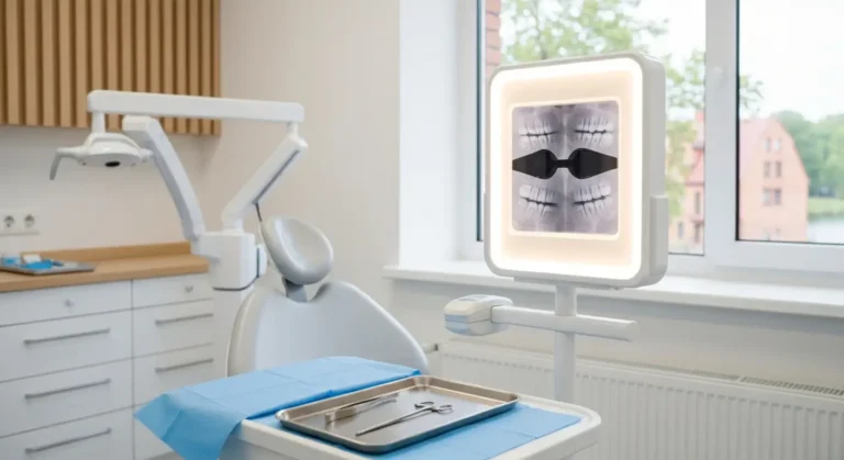 Gabinet chirurgii stomatologicznej w Olsztynie z fotelem zabiegowym, podswietlonym zdjeciem pantomograficznym i tacka st