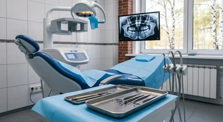 Pusty gabinet chirurgii stomatologicznej w Olsztynie - fotel zabiegowy, sterylne narzedzia i tomograf CBCT przy oknie
