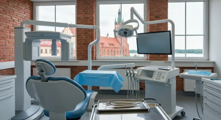 Pusty gabinet chirurgii stomatologicznej z tomografem CBCT i fotelem zabiegowym, za oknem ceglana zabudowa Olsztyna i je