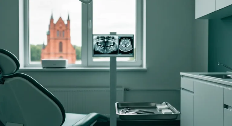 Pusty gabinet chirurgii stomatologicznej w Olsztynie z fotelem zabiegowym, narzedziami do ekstrakcji i podswietlonym zdj