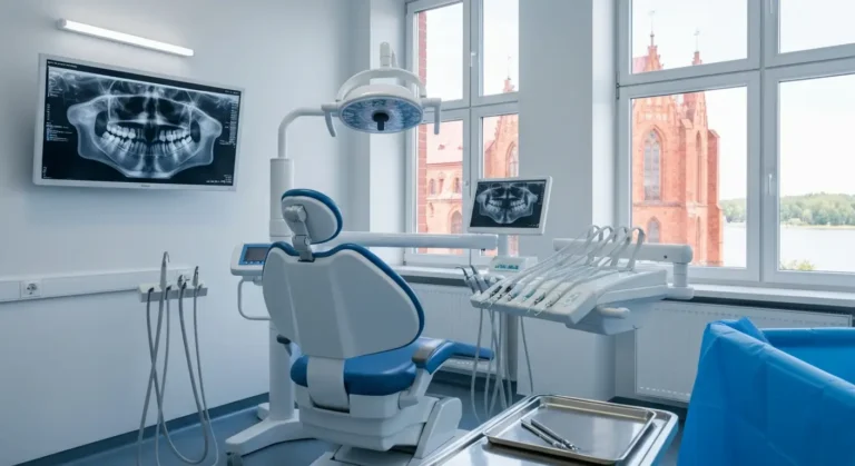 Pusty gabinet chirurgii stomatologicznej z fotelem, tomografem CBCT i zdjeciem pantomograficznym, w oknie ceglana archit