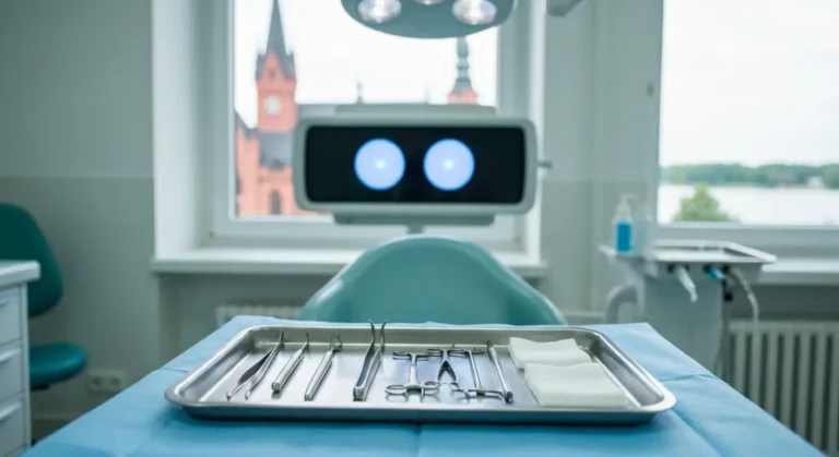 Sterylna taca z narzedziami do chirurgii stomatologicznej w gabinecie w Olsztynie, w tle podswietlone zdjecie RTG i okno