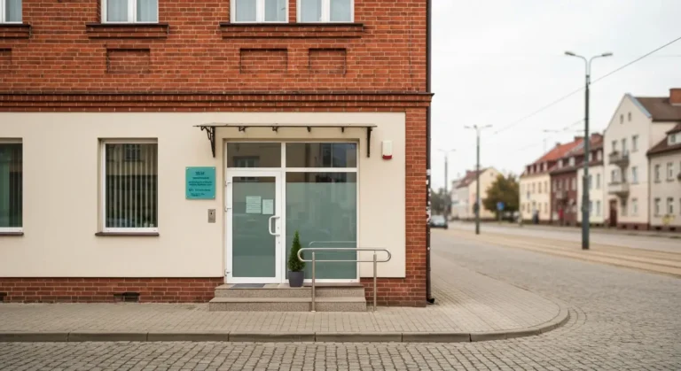 Wejscie do niewielkiego gabinetu stomatologicznego w ceglanej kamienicy przy brukowanej uliczce, w tle rozmyta szersza m