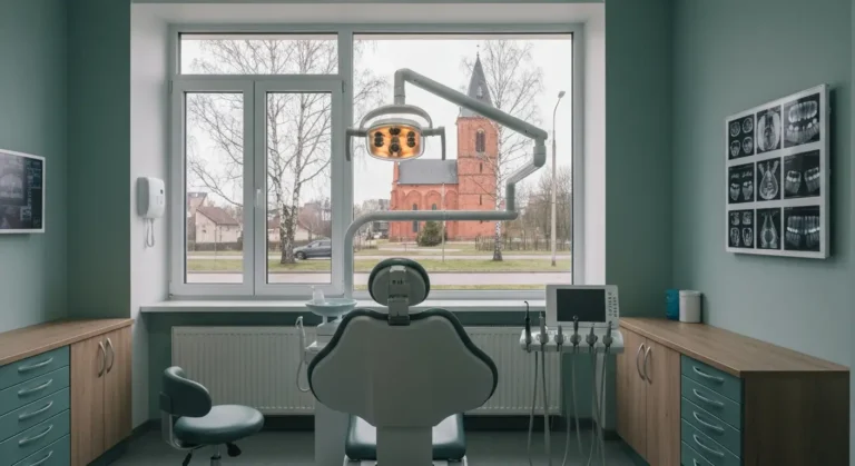 Wnetrze gabinetu stomatologicznego z fotelem i lampa, za oknem ceglana wieza kosciola i spokojna ulica w miasteczku na W