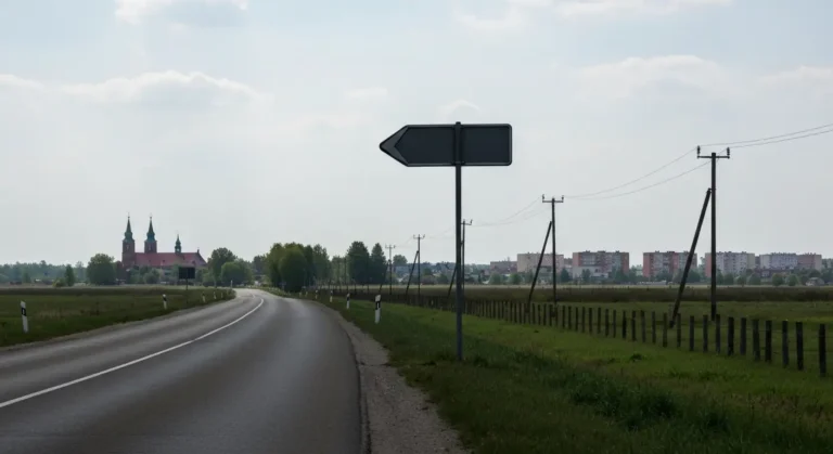 Pusta droga regionalna przez warminski krajobraz z drogowskazem i zarysem dwoch miast na horyzoncie