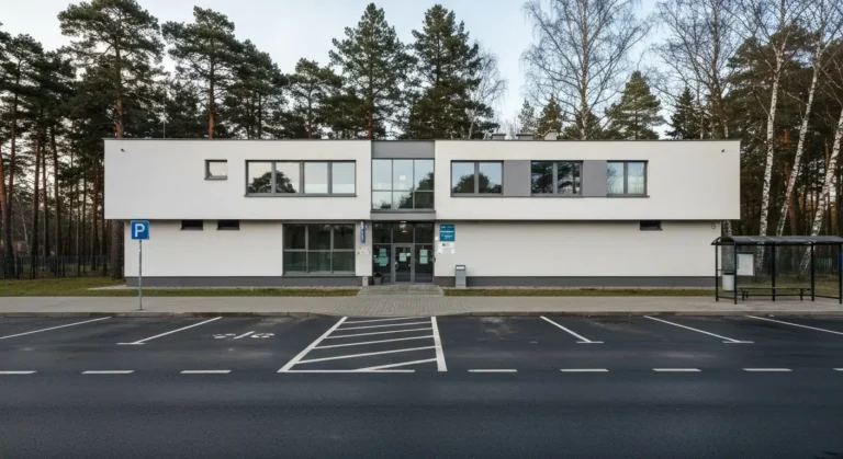 Niski pawilon uslugowy z gabinetem stomatologicznym przy osiedlowej ulicy w Brzezinach w Olsztynie, z parkingiem i przys