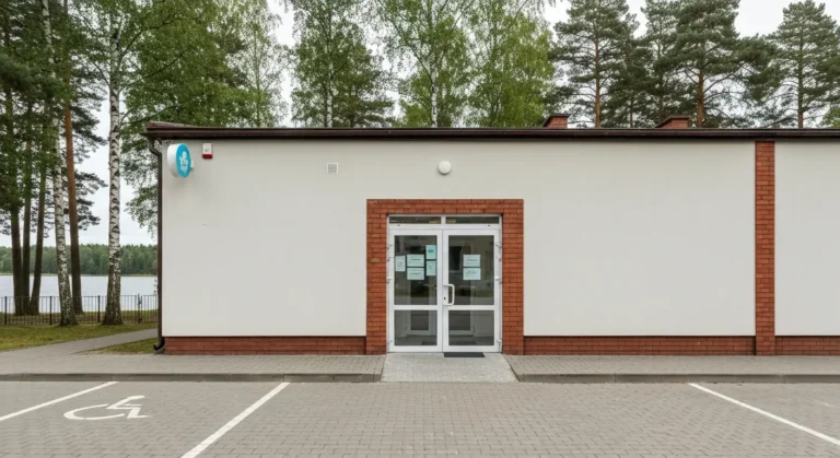 Wejscie do gabinetu dentystycznego w niskim budynku na Dajtkach w Olsztynie z podjazdem i miejscami parkingowymi