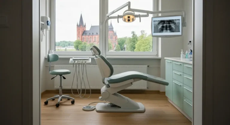 Wnetrze nowoczesnego gabinetu stomatologicznego z fotelem i lampa, za oknem rozmyta ceglana zabudowa Warmii