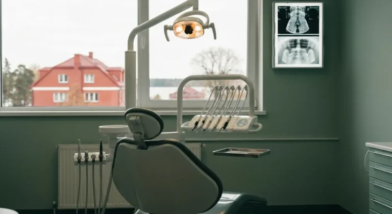 Pusty nowoczesny gabinet stomatologiczny z fotelem, lampa i zdjeciem panoramicznym zebow, za oknem niska zabudowa warmin
