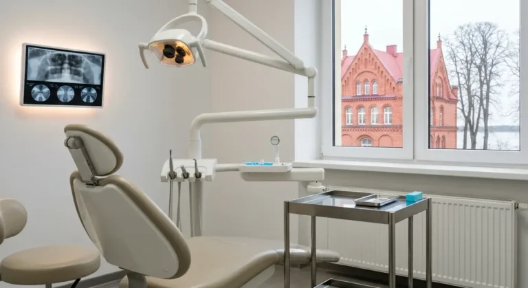 Puste nowoczesne wnetrze gabinetu stomatologicznego z fotelem i lampa, za oknem ceglana kamienica i drzewa Warmii
