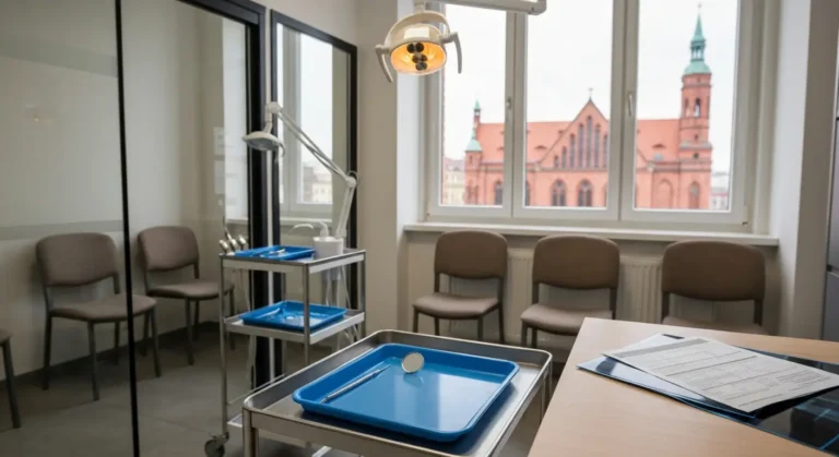 Poczekalnia i gabinet stomatologiczny w olsztynskiej kamienicy, taca z narzedziami, zdjecie RTG i kosztorys na stole