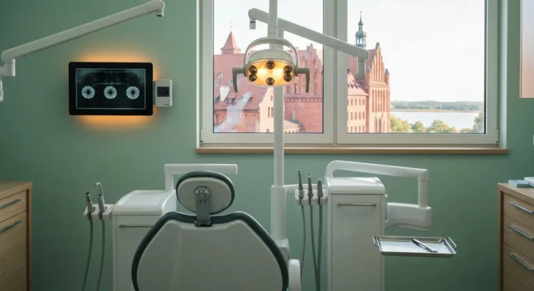 Puste nowoczesne gabinety stomatologiczne z fotelem i lampa, za oknem ceglana zabudowa Olsztyna i mazurskie jezioro