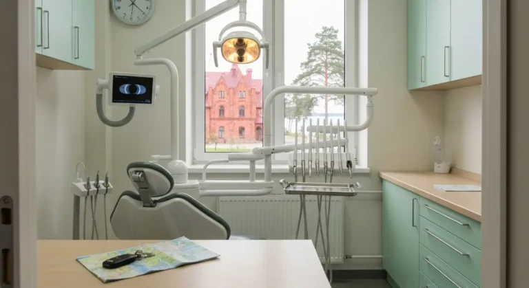 Wnetrze gabinetu stomatologicznego w mazurskim miasteczku - fotel dentystyczny, lampa i sprzet RTG, za oknem ceglane kam