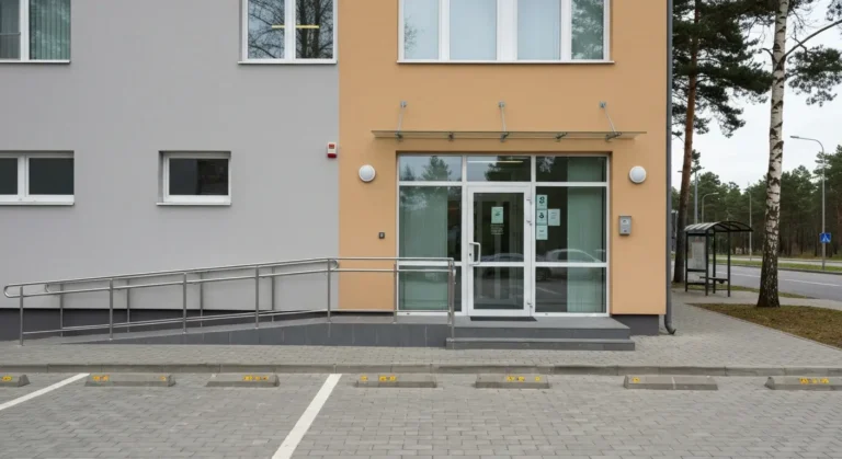 Wejscie do gabinetu stomatologicznego na parterze bloku w podmiejskiej dzielnicy Olsztyna, podjazd dla wozkow i miejsca
