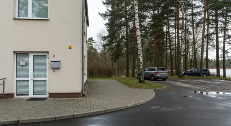 Niska kamienica z wejsciem do gabinetu i miejscami parkingowymi przy ulicy w dzielnicy Gutkowo w Olsztynie