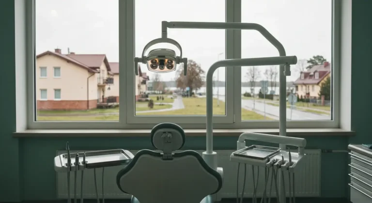 Nowoczesny gabinet stomatologiczny w regionie Warmii i Mazur - pusty fotel dentystyczny i narzedzia przy oknie z widokie