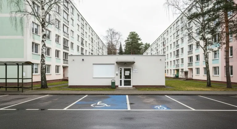 Osiedlowy pawilon uslugowy z gabinetem stomatologicznym na Jarotach w Olsztynie, obok miejsca parkingowe i blok z wielki